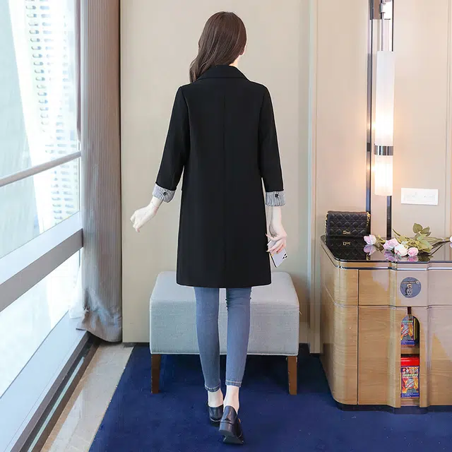 丝柏舍 中长款修身纯色外套气质显瘦一粒扣西装 女款 黑色