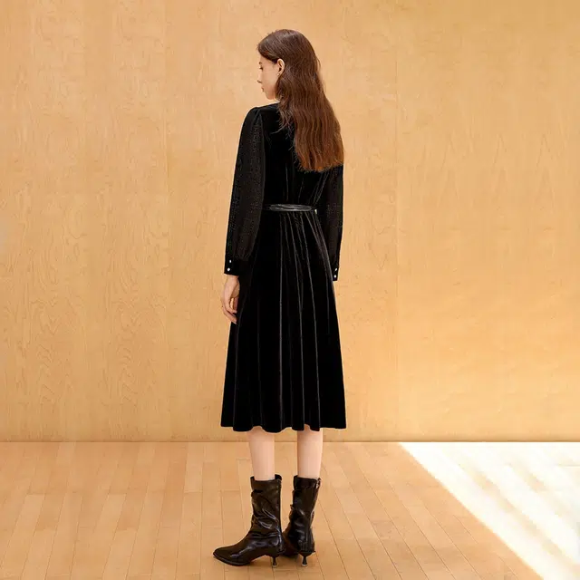 她池 气质修身拼接木耳边舒适长袖连衣裙 女款 黑色