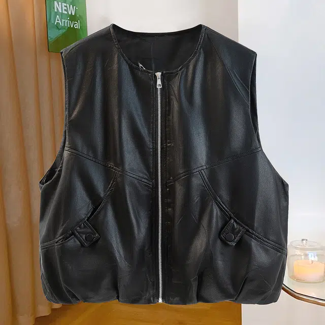 丝柏舍 纯色圆领马夹拼接宽松款休闲风叠穿皮衣拉链马甲 女款