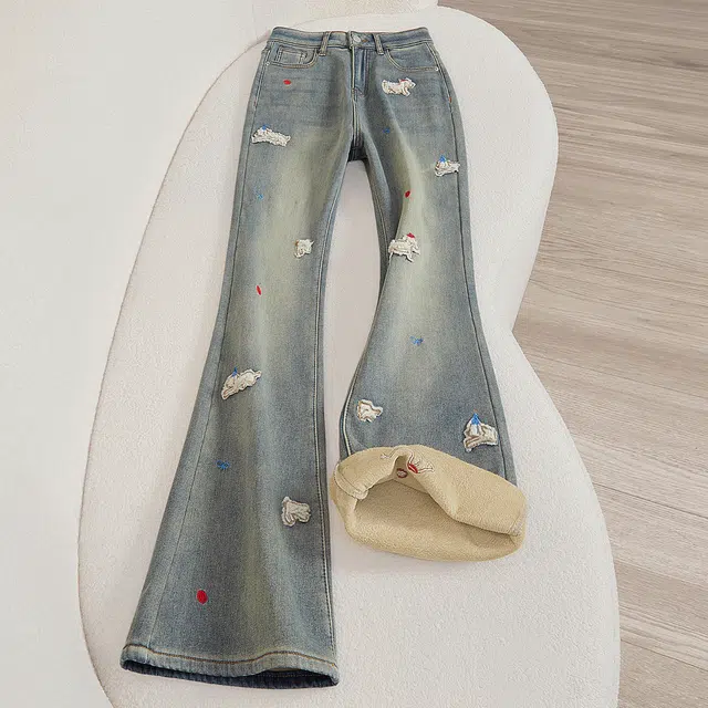 她池 撞色减龄加绒水洗长款微喇牛仔裤 女款 复古