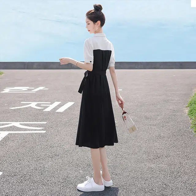 丝柏舍 撞色拼接假两件中长裙泡泡袖褶皱短袖连衣裙 女款 上白下黑