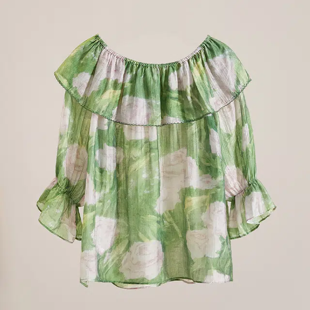 她池 温柔甜美风一字领套头撞色印花荷叶边七分袖衬衫 女款 花色