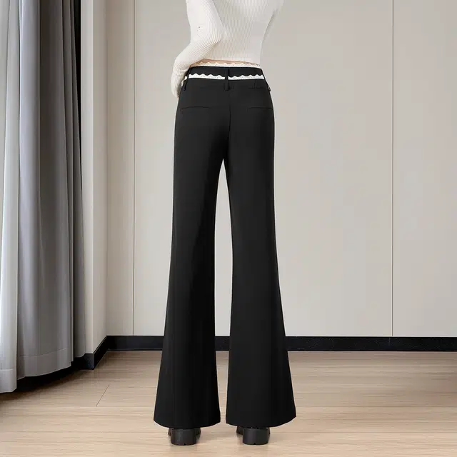 她池 设计感撞色蕾丝边高腰长款微喇休闲裤 女款