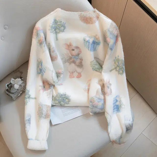 丝柏舍 卡通图案撞色减龄蝴蝶结钉珠圆领小花亮片宽松款落肩长袖针织衫 女款