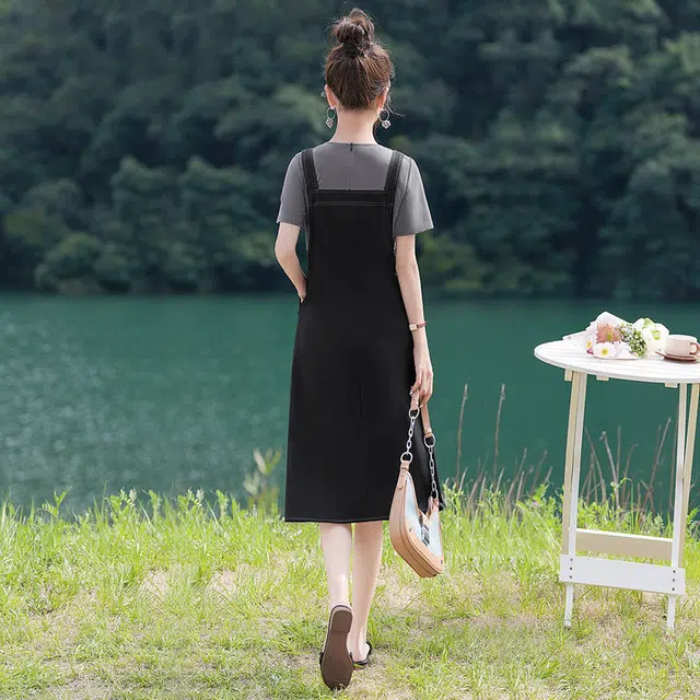 丝柏舍 假两件拼接拼色简约修身短袖连衣裙 女款 上浅灰下黑