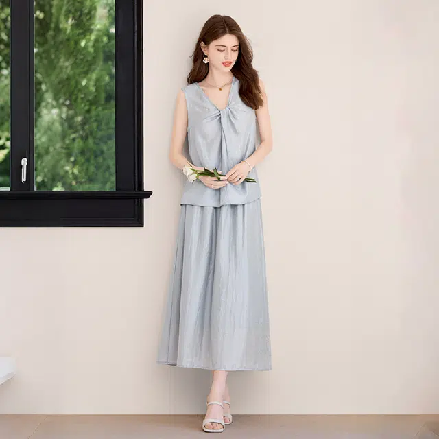 她池 休闲背心搭半身裙两件套正反两穿裙装套装 女款