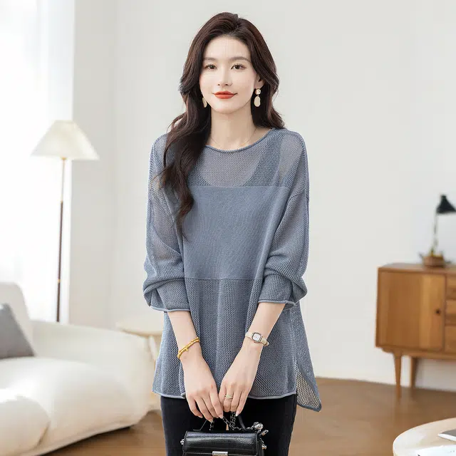 丝柏舍 镂空纯色圆领开叉慵懒风宽松款简约罩衫落肩长袖针织衫 女款
