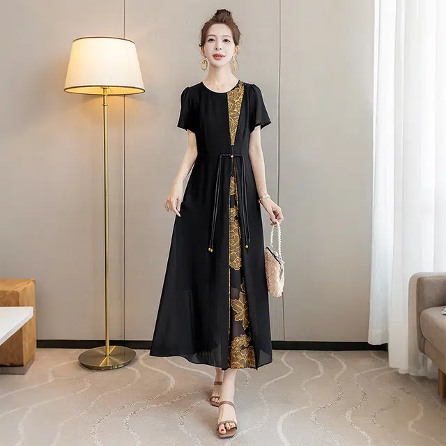 丝柏舍 复古撞色拼接中长款气质收腰一粒扣装饰短袖连衣裙 女款 黑拼黄花