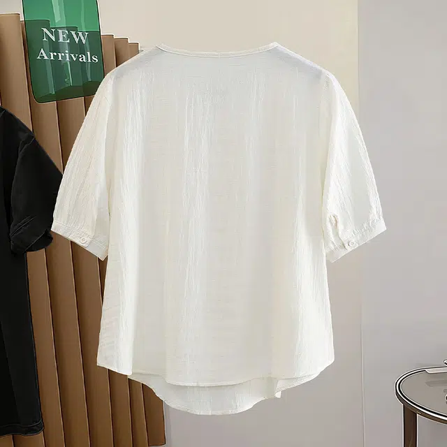 她池 小众圆领短袖套头衬衣蕾丝拼接假两件衬衫 女款