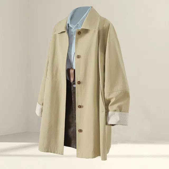 她池 通勤简约风纯色翻领单排扣宽松款落肩长袖风衣 女款 卡其绿