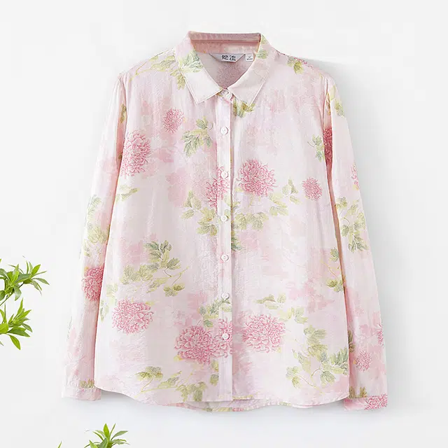 她池 翻领单排扣宽松衬衣清新甜美风印花长袖衬衫 女款 粉色花