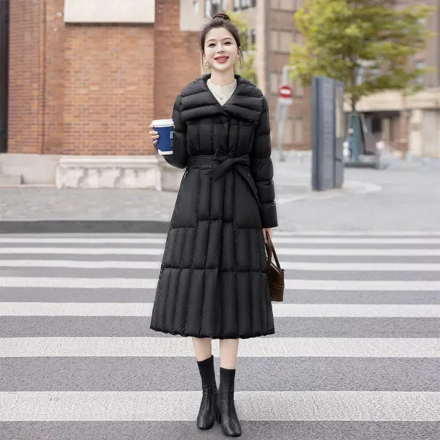 丝柏舍 纯色简约翻领中长款休闲保暖羽绒服 女款 黑色