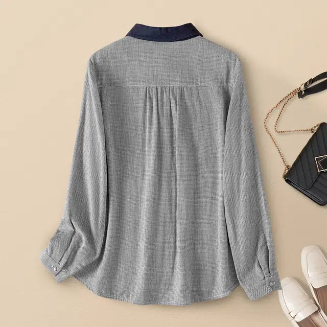 她池 撞色翻领单排扣复古格纹宽松款长袖衬衫 女款 千鸟格