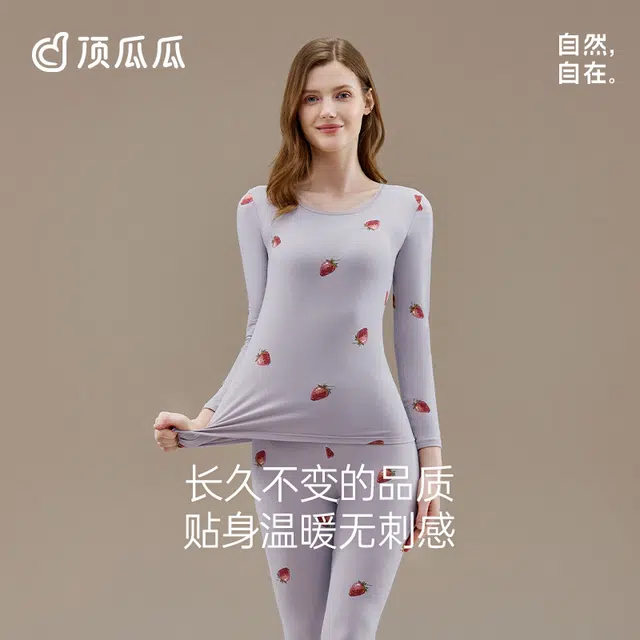 顶瓜瓜 印花纯棉舒适贴身蕾丝边圆领上衣长裤保暖套装 女款