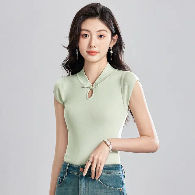 唐娜姿兰 新中式国风盘扣立领修身薄款休闲短袖短袖针织衫 女款