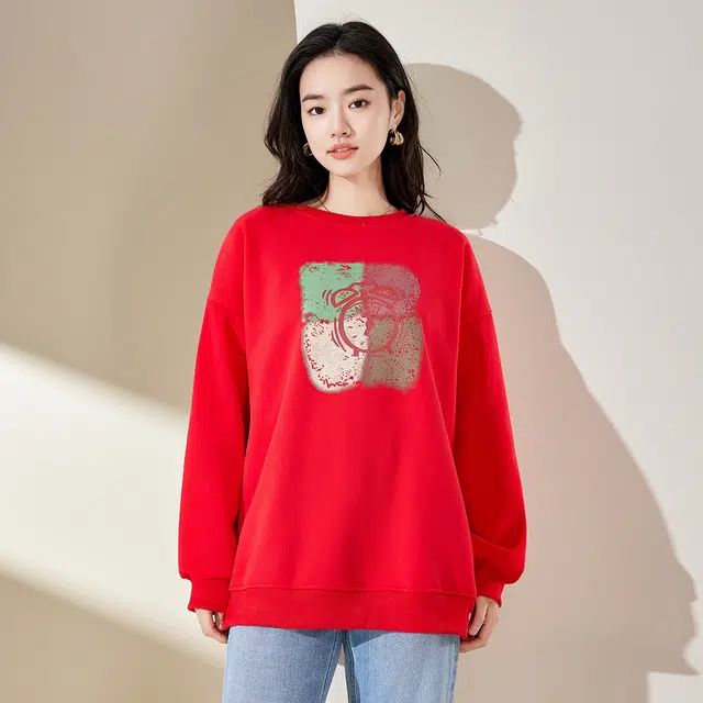 唐娜姿兰 加绒加厚宽松圆领长袖落肩卫衣 女款 红色