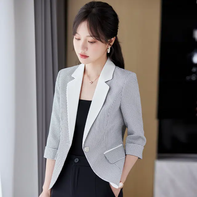 唐娜姿兰 拼色格纹一粒扣休闲七分袖西装 女款 灰色