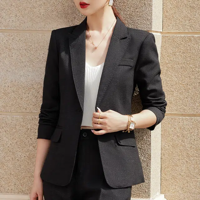 唐娜姿兰 纯色一粒扣外套直筒休闲裤西装套装 女款 黑色