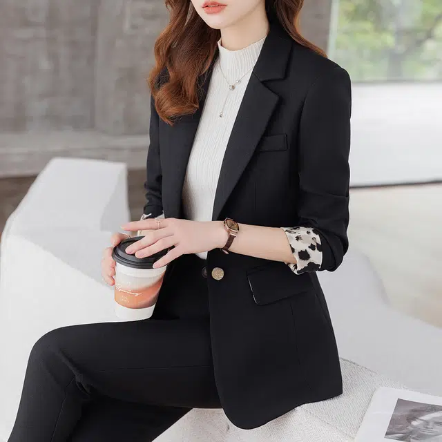 唐娜姿兰 纯色一粒扣外套商务休闲长裤两件套西装套装 女款
