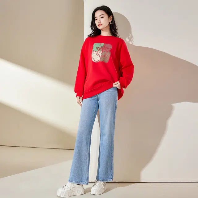 唐娜姿兰 加绒加厚宽松圆领长袖落肩卫衣 女款 红色