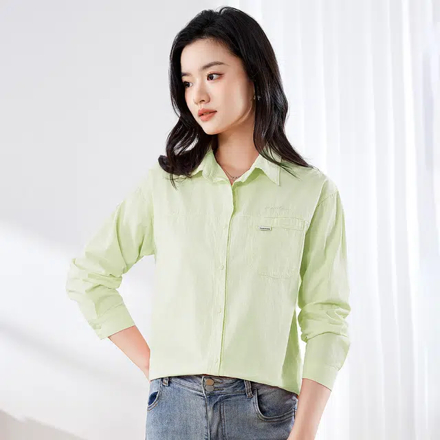 唐娜姿兰 纯色尖领贴袋休闲长袖衬衫 女款
