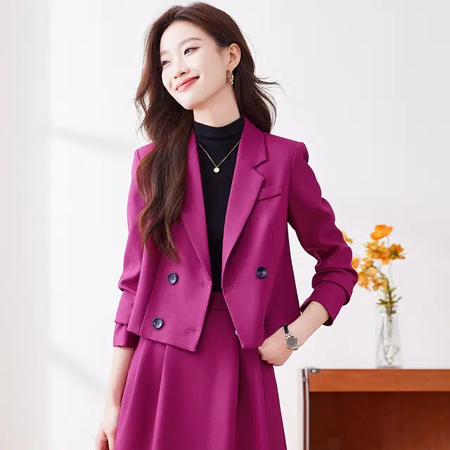 唐娜姿兰 双排扣舒适简约上衣中腰修身纯色半身裙西装套装 女款
