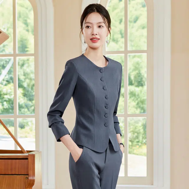唐娜姿兰 高端职业修身工作服通勤休闲圆领上衣中腰长裤西装套装 女款