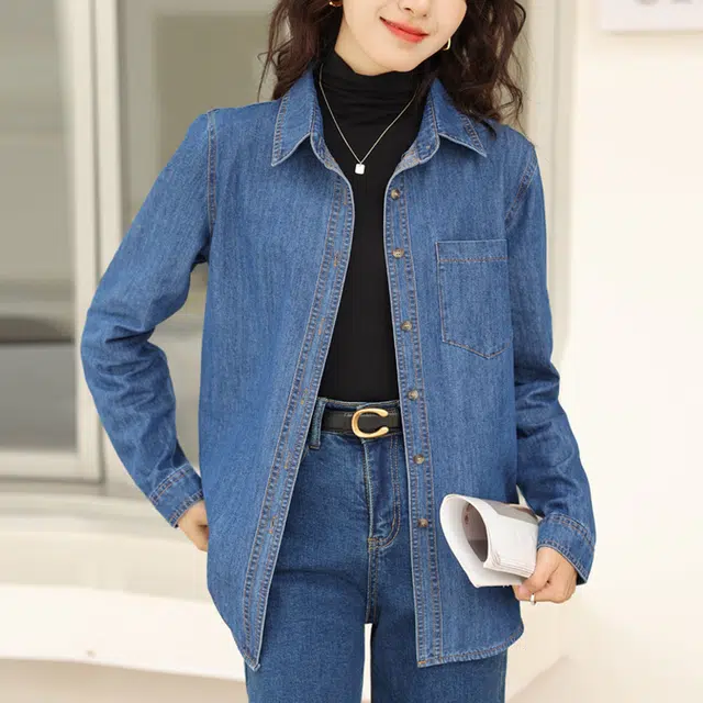 唐娜姿兰 复古纯色尖领单排多扣长袖衬衫 女款 蓝色