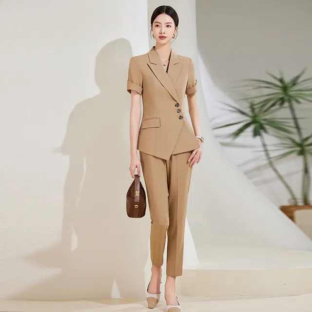 唐娜姿兰 纯色商务通勤工作服气质薄款短袖上衣中腰修身长裤西装套装 女款