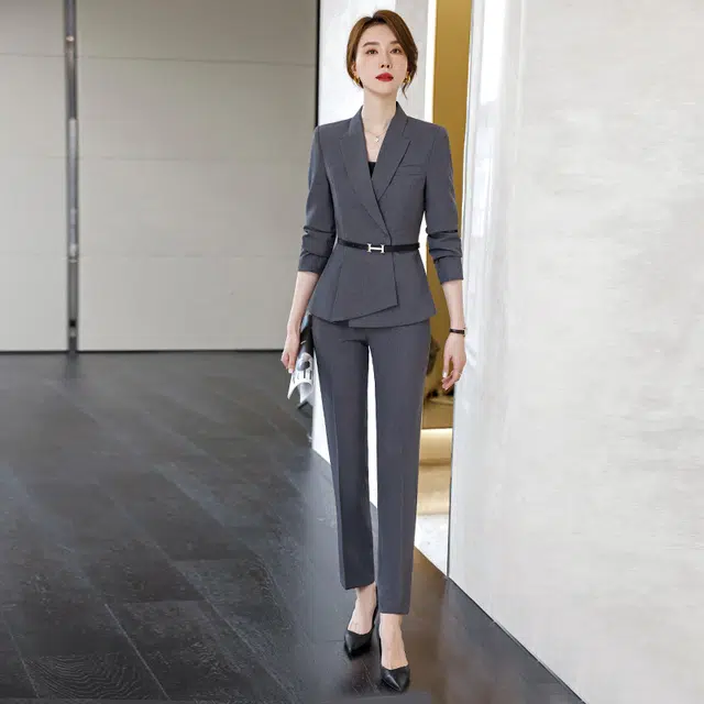 唐娜姿兰 酒店前台工作服两件套正装通勤修身职业长袖上衣中腰长裤西装套装 女款