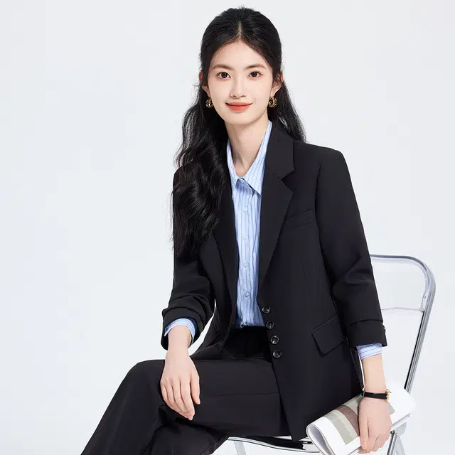 唐娜姿兰 高端修身气质单排扣时尚通勤长袖上衣长裤西装套装 女款 黑色