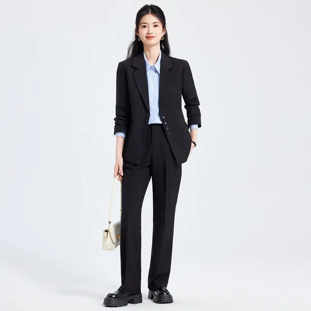 唐娜姿兰 高端修身气质单排扣时尚通勤长袖上衣长裤西装套装 女款 黑色