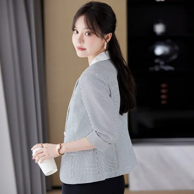 唐娜姿兰 拼色格纹一粒扣休闲七分袖西装 女款 灰色