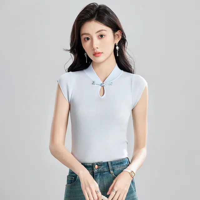 唐娜姿兰 新中式国风盘扣立领修身薄款休闲短袖短袖针织衫 女款