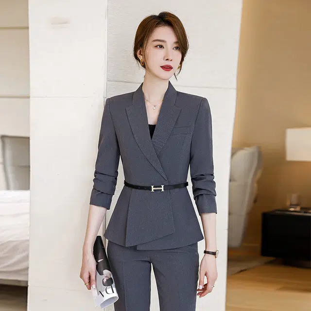 唐娜姿兰 酒店前台工作服两件套正装通勤修身职业长袖上衣中腰长裤西装套装 女款