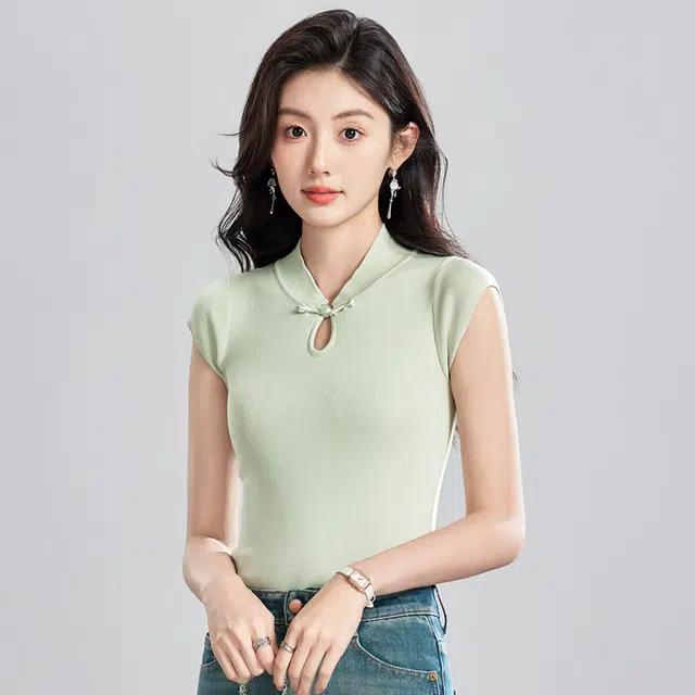 唐娜姿兰 新中式国风盘扣立领修身薄款休闲短袖短袖针织衫 女款