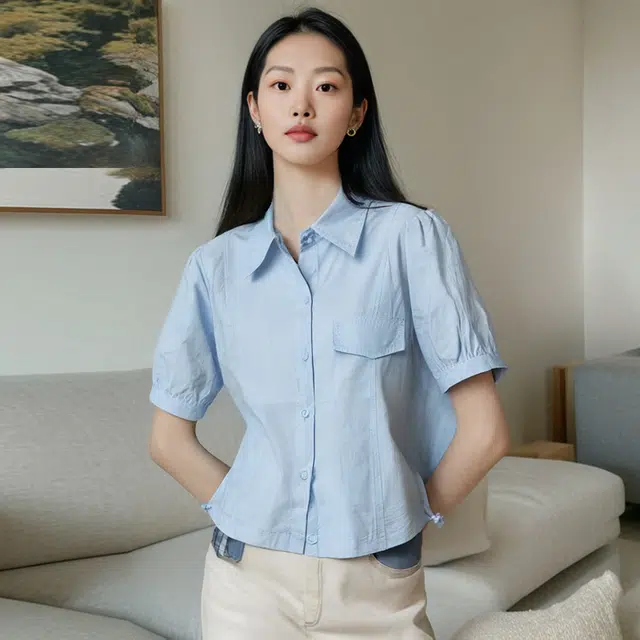 唐娜姿兰 纯色宽松薄款短袖衬衫 女款