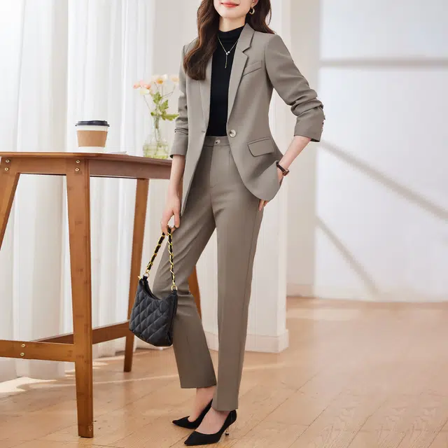 唐娜姿兰 一粒扣休闲西服纯色西装裤西装套装 女款