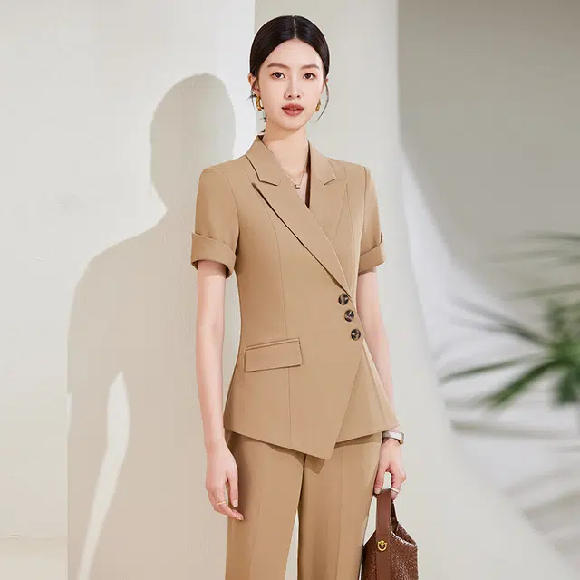 唐娜姿兰 纯色商务通勤工作服气质薄款短袖上衣中腰修身长裤西装套装 女款