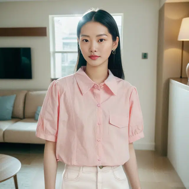 唐娜姿兰 纯色宽松薄款短袖衬衫 女款