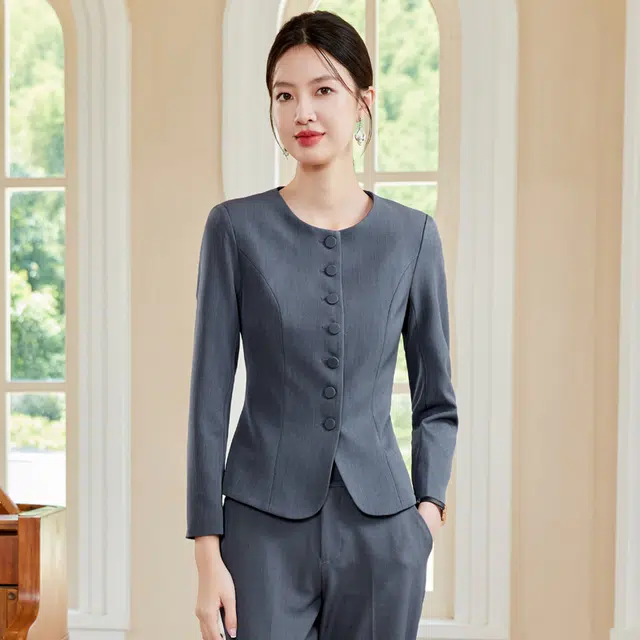 唐娜姿兰 高端职业修身工作服通勤休闲圆领上衣中腰长裤西装套装 女款