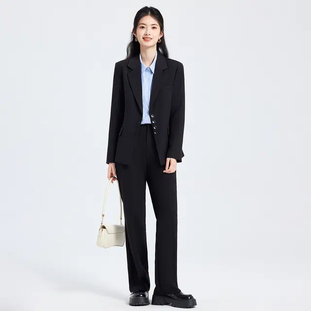 唐娜姿兰 高端修身气质单排扣时尚通勤长袖上衣长裤西装套装 女款 黑色