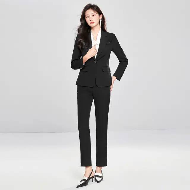 唐娜姿兰 时尚百搭一粒扣上衣中腰纯色长裤西装套装 女款
