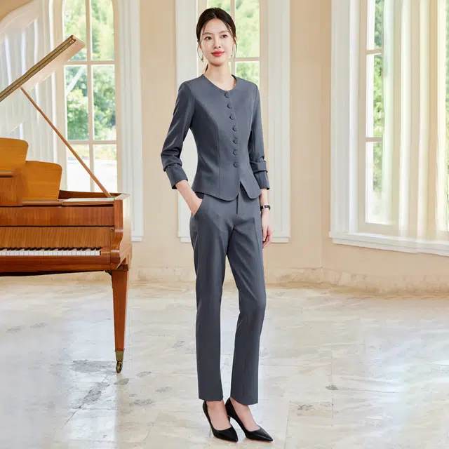 唐娜姿兰 高端职业修身工作服通勤休闲圆领上衣中腰长裤西装套装 女款