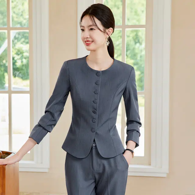 唐娜姿兰 高端职业修身工作服通勤休闲圆领上衣中腰长裤西装套装 女款