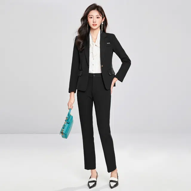 唐娜姿兰 时尚百搭一粒扣上衣中腰纯色长裤西装套装 女款
