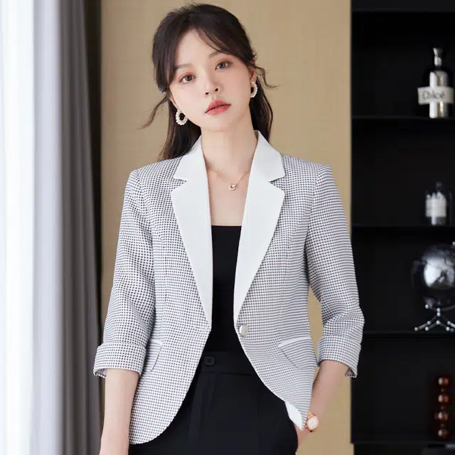 唐娜姿兰 拼色格纹一粒扣休闲七分袖西装 女款 灰色