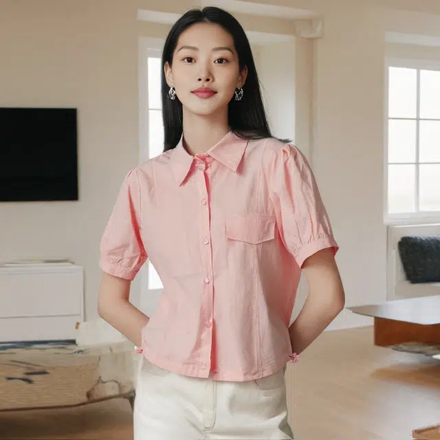 唐娜姿兰 纯色宽松薄款短袖衬衫 女款