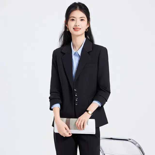 唐娜姿兰 高端修身气质单排扣时尚通勤长袖上衣长裤西装套装 女款 黑色