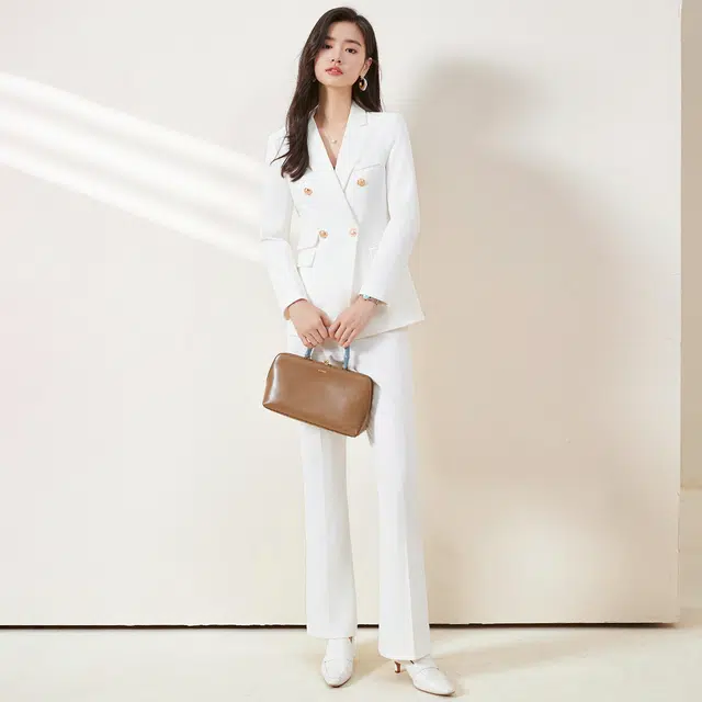 唐娜姿兰 西装领长袖上衣纯色中腰长裤休闲套装 女款